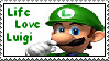 A stamp depicting a render of Luigi from Mario Party 7 touching his nose, with the text 'Life Love Luigi' to the right.